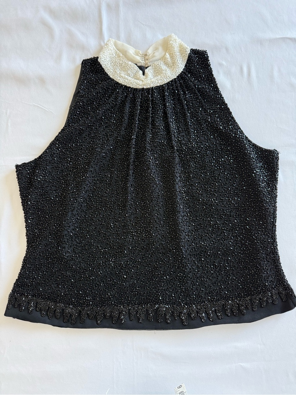J Kara Black Beaded Sleeveless Top with Cream Beaded Collar